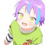  1boy aged_down blue_sky blush commentary dot_nose from_above hk_(wgyz7222) kamishiro_rui long_sleeves looking_at_viewer male_child male_focus multicolored_hair open_mouth platypus project_sekai purple_hair short_bangs short_hair simple_background sky solo streaked_hair two-tone_hair white_background yellow_eyes 