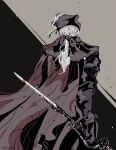  1girl absurdres black_cape blood blood_on_clothes bloodborne cape coat double-blade from_behind hat hat_feather highres lady_maria_of_the_astral_clocktower low_ponytail rakuyo_(bloodborne) tricorne white_hair yoshino_(cmkots) 
