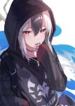  1girl absurdres backpack bag black_hair blue_archive blush choker hair_between_eyes halo hand_in_pocket hand_up highres hood hood_up hoodie kayoko_(blue_archive) kuro_shiraga long_sleeves looking_at_viewer low_wings mole multicolored_hair red_eyes solo two-tone_hair upper_body wet wet_hair white_hair wings 