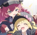  2girls :d ^_^ blonde_hair blue_archive closed_eyes gotyou grey_eyes halo hat ibuki_(blue_archive) iroha_(blue_archive) military_hat multiple_girls peaked_cap redhead sleeves_past_wrists smile yellow_halo 