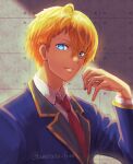  1boy absurdres blazer blonde_hair blue_eyes blue_jacket blurry blurry_background closed_mouth collared_shirt commentary_request dress_shirt highres hoshino_aquamarine jacket kamatanu_free long_sleeves looking_at_viewer male_focus mismatched_pupils necktie oshi_no_ko red_necktie school_uniform shade shirt short_hair solo star-shaped_pupils star_(symbol) symbol-shaped_pupils twitter_username upper_body white_shirt youtou_high_school_uniform 
