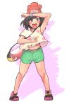  1girl bag beanie black_hair blush floral_print full_body ginnkei green_shorts hat highres messenger_bag navel pokemon pokemon_(game) pokemon_sm selene_(pokemon) shirt shoes short_hair short_shorts shorts shoulder_bag smile t-shirt teeth upper_teeth_only z-ring 