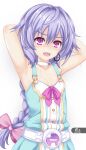  1girl armpits arms_up bare_shoulders braid choker dhiparizky flat_chest hair_between_eyes happy highres kami_jigen_game_neptune_v light_purple_hair long_hair looking_at_viewer neptune_(series) pururut ribbon single_braid smile solo sweat very_long_hair violet_eyes 