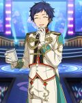  1boy blue_hair buttons can closed_eyes dark_blue_hair ensemble_stars! facing_viewer fushimi_yuzuru gloves hand_up happy_elements headset holding holding_can long_sleeves male_focus mole mole_under_eye official_art open_mouth short_bangs short_hair solo third-party_source 