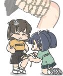  :3 adapted_costume alternate_costume black_hair black_skirt closed_eyes clothes_writing commentary_request dress ferret-san green_shirt hiryuu_(kancolle) kantai_collection official_alternate_costume pleated_dress rope shirt skirt souryuu_(kancolle) twintails yellow_shirt zoom_layer 