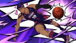  1boy ball basketball_(object) basketball_jersey basketball_uniform blue_footwear blue_shorts blue_socks closed_mouth collaboration dark-skinned_male dark_skin dutch_angle full_body heart highres holding holding_ball jock_studio_(blits_games) looking_at_viewer male_focus mikkoukun non-web_source official_art one_eye_closed purple_background purple_hair shoes shorts smile socks solo sportswear thighs variant_set violet_eyes zamius zayne_alexander 
