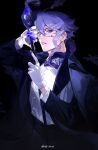  1boy artist_name azul_ashengrotto black_background black_suit blood blood_on_face blood_on_gloves blue_blood blue_eyes blue_hair gillannn glasses gloves hair_between_eyes highres holding holding_staff long_sleeves looking_at_viewer mole mole_under_mouth necktie open_mouth parted_lips purple_ribbon ribbon serious shirt simple_background solo staff standing suit tentacles twisted_wonderland upper_body white_gloves white_shirt 