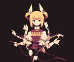  1girl 4qw5 armor armored_dress arrow_(projectile) black_background black_eyes blonde_hair bow_(weapon) double_bun expressionless extra_arms frilled_shirt frilled_sleeves frills hair_bun hair_ribbon hand_up holding holding_arrow holding_bow_(weapon) holding_weapon index_finger_raised joutouguu_mayumi looking_at_viewer medium_hair pixel_art puffy_sleeves ribbon shirt short_sleeves simple_background touhou vambraces weapon white_ribbon white_shirt 