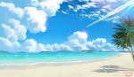  absurdres artist_logo beach blue_sky clouds contrail day highres no_humans ocean original outdoors palm_tree sand scenery sky sumassha_t_t tree water 