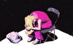  1girl barbie_(character) barbie_(franchise) barbie_(live_action) black_background blonde_hair chair depressed hat highres meme neon_genesis_evangelion pants pink_footwear pink_pants rainaru sad shinji_in_a_chair_(meme) solo star_(symbol) 