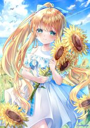  1girl air_(visual_novel) blonde_hair blue_eyes blue_sky clouds day dress feet_out_of_frame flower hair_ribbon highres kamio_misuzu long_hair outdoors ponytail ribbon sidelocks sky sleeveless sleeveless_dress smile solo sundress sunflower very_long_hair white_dress yurari_yuhira 