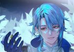  1boy artist_name black_gloves blue_eyes blue_hair collared_jacket eyelashes flower genshin_impact gloves hair_between_eyes hand_up highres jacket japanese_clothes kamisato_ayato looking_to_the_side male_focus mandarin_collar mole mole_under_mouth parted_lips shirt short_hair sidelocks smile solo swept_bangs water_drop wet wet_hair white_flower white_jacket white_shirt yoonmiumi 