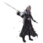  1boy aqua_eyes armor belt_buckle black_feathers black_footwear black_gloves black_jacket black_pants boots buckle chest_strap crazy02oekaki falling_feathers feathers final_fantasy final_fantasy_vii final_fantasy_vii_remake full_body gloves glowing glowing_eyes grey_hair highres holding holding_sword holding_weapon jacket long_bangs long_coat long_hair long_sleeves male_focus masamune_(ff7) materia pants parted_bangs sephiroth shoulder_armor solo standing sword weapon white_background 