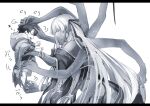  1boy 1girl cloak closed_eyes earrings extra_arms fate/grand_order fate_(series) greyscale hair_ribbon headpat hug jewelry kali_(fate) long_hair looking_at_another looking_at_viewer monochrome open_mouth ribbon size_difference smile white_hair yukinaga 