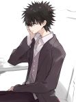  1boy anninn_do_fu black_eyes black_hair black_jacket buttons closed_mouth collared_shirt commentary_request hand_on_own_face hand_up highres jacket kamijou_touma lapels long_sleeves male_focus notched_lapels open_clothes open_jacket partial_commentary shirt short_hair sitting solo toaru_majutsu_no_index 