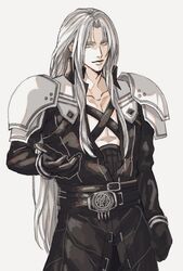  1boy armor belt black_gloves black_jacket chest_strap collarbone cowboy_shot final_fantasy final_fantasy_vii final_fantasy_vii_remake gloves grey_hair high_collar jacket leather leather_jacket light_smile long_coat long_hair long_sleeves looking_at_viewer male_focus multiple_belts outstretched_hand parted_bangs pectorals rkgk_kamonegi sephiroth shoulder_armor slit_pupils solo white_background 