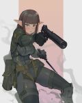  1girl absurdres blush breasts brown_hair commission elf green_eyes gun handgun harness highres holding holding_knife knee_pads knife large_breasts looking_at_viewer medium_hair open_mouth original pilot_suit pointy_ears polilla pouch solo suppressor tactical_clothes thigh_strap weapon 