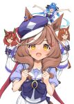  4girls :d ahoge animal_ears blue_eyes blue_hair blunt_ends bow bowtie brown_eyes brown_hair cabbie_hat ear_covers ears_through_headwear frilled_skirt frills glasses hair_ornament hairclip hat heterochromia horse_ears horse_girl horse_tail horseshoe_ornament ikuno_dictus_(umamusume) long_hair looking_at_viewer matikane_tannhauser_(umamusume) medium_hair multicolored_hair multiple_girls nice_nature_(umamusume) outstretched_arms pleated_skirt puffy_short_sleeves puffy_sleeves purple_bow purple_bowtie purple_serafuku purple_shirt round_eyewear sailor_collar sailor_shirt sakikumo_(sakumo) school_uniform serafuku sharp_teeth shirt short_hair short_sleeves sidelocks simple_background skirt smile streaked_hair tail teeth thigh-highs tracen_school_uniform twin_turbo_(umamusume) twintails umamusume violet_eyes white_background white_skirt white_thighhighs yellow_eyes 