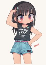  1girl arm_up artist_name black_hair black_shirt blue_shorts blush child eyebrows_hidden_by_hair female_child hand_on_own_hip highres long_hair looking_at_viewer nanatsuta original red_eyes shirt short_shorts shorts sleeveless sleeveless_shirt smile solo thighs 