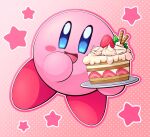  blue_eyes blush_stickers cake cake_slice colored_skin food fruit highres kirby kirby_(series) no_humans open_mouth outline pink_skin plate polka_dot polka_dot_background slys_(jesterdysphoria) smile solo star_(symbol) strawberry strawberry_shortcake 