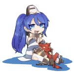  1girl animal blue_eyes blue_hair chain chibi collar detached_sleeves dog duel_monster ei_(tdnei666) full_body hat highres holding holding_animal holding_dog long_hair metal_collar open_mouth sandals sharp_teeth sitting teeth thigh-highs torn_clothes torn_thighhighs unchained_soul_of_anguish unchained_twins_-_rakea yu-gi-oh! 