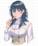 1girl 4ki_ori9 ascot blue_hair buttons byleth_(female)_(fire_emblem) byleth_(fire_emblem) commentary_request cropped_torso fingernails fire_emblem fire_emblem:_three_houses food food_in_mouth garreg_mach_monastery_uniform hair_between_eyes highres holding holding_food holding_popsicle long_hair long_sleeves official_alternate_costume popsicle popsicle_in_mouth shirt solo sweat uniform violet_eyes white_ascot white_background white_shirt 