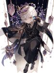  1boy belt black_belt black_cape black_gloves black_necktie black_pants black_suit cape collared_shirt crown gloves halo highres male_focus namiki_itsuki necktie original pants parted_lips shirt short_hair solo suit teeth white_hair white_shirt yellow_eyes 