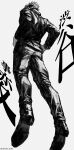  1boy absurdres facing_away from_below full_body gojou_satoru greyscale hands_on_own_hips highres jacket jujutsu_kaisen kuwoniagyu11112 long_sleeves male_focus monochrome pants shoes short_hair simple_background solo spiky_hair translation_request twitter_username 