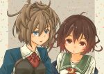  2girls absurdres ascot blue_eyes blue_jacket brown_eyes brown_hair crescent crescent_pin flower gradient_hair green_sailor_collar highres jacket kantai_collection long_hair looking_at_viewer messy_hair military_uniform multicolored_hair multiple_girls mutsuki_(kancolle) mutsuki_kai_ni_(kancolle) neck_flower neckerchief pot-de red_ascot red_flower red_neckerchief red_rose redhead rose sailor_collar school_uniform serafuku sheffield_(kancolle) short_hair uniform upper_body 