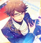  1boy brown_hair chi_yu commentary_request dated ensemble_stars! glasses happy_birthday holding holding_microphone kunugi_akiomi long_sleeves lower_teeth_only male_focus microphone open_mouth short_hair solo star_(symbol) teeth upper_body violet_eyes 