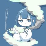  1girl ako_1236 blue_background blue_eyes blue_hair blunt_ends bob_cut cigarette closed_mouth collared_shirt colored_skin commentary cross-shaped_pupils dripping_eye highres holding holding_cigarette long_sleeves looking_at_viewer original puffy_long_sleeves puffy_sleeves shirt short_hair simple_background smoke smoking solo symbol-shaped_pupils upper_body white_shirt white_skin 