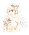  1girl bare_shoulders blonde_hair bouquet bow braid breasts closed_mouth collarbone commentary_request dress earrings elbow_gloves flower gloves hair_flower hair_ornament highres jewelry looking_at_viewer lycoris_recoil nishikigi_chisato orange_bow orange_flower pink_flower short_hair smile solo strapless upper_body veil wedding_dress white_background white_flower yellow_eyes yimilyee 