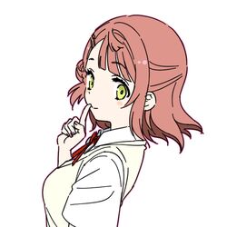  1girl blunt_bangs blush braid braided_bun closed_mouth finger_to_mouth fingernails hair_bun hair_ornament hairclip looking_at_viewer looking_back love_live! love_live!_nijigasaki_high_school_idol_club nijigasaki_academy_school_uniform orange_hair school_uniform shinanoya_(satanicad) single_side_bun smile summer_uniform swept_bangs uehara_ayumu white_background yellow_eyes 