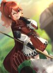  1girl ;p anna_(fire_emblem) axe black_gloves blood blood_on_weapon cape crossed_bangs dress fire_emblem fire_emblem_engage gloves hair_between_eyes heart highres holding holding_axe katsu_(katsuslider) long_hair long_sleeves looking_at_viewer one_eye_closed ponytail red_eyes redhead tongue tongue_out weapon 