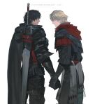  2boys black_cloak black_gloves black_hair black_pants blonde_hair brothers clive_rosfield cloak cowboy_shot facial_hair final_fantasy final_fantasy_xvi from_behind gloves hair_between_eyes highres holding_hands joshua_rosfield looking_at_another male_focus medium_hair multiple_boys pants quxiaochong siblings stubble sword talking weapon weapon_on_back white_background 