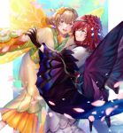  2girls ai_tkkm blonde_hair fairy_wings fire_emblem fire_emblem_heroes hair_between_eyes hair_over_one_eye holding_hands japanese_clothes kimono multiple_girls official_alternate_costume peony_(fire_emblem) peony_(new_year)_(fire_emblem) purple_hair siblings sisters triandra_(fire_emblem) triandra_(new_year)_(fire_emblem) violet_eyes wings yukata 