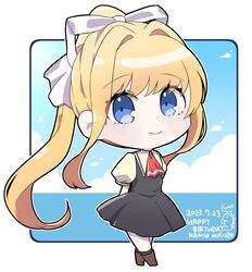  1girl air_(visual_novel) arms_behind_back black_dress blonde_hair blue_eyes blue_sky chibi clouds dated dinosaur dress full_body hachipuyo hair_ribbon happy_birthday highres horizon kamio_misuzu long_hair neckerchief ocean puffy_sleeves red_neckerchief ribbon school_uniform shirt sidelocks sky smile solo very_long_hair white_shirt 