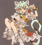  animal_ears bell bracelet cat_ears cat_girl cat_tail collar crop_top fang goutokuji_mike grey_background highres jewelry kirame_kirai midriff multicolored_clothes multicolored_hair neck_bell paw_pose puffy_short_sleeves puffy_sleeves red_eyes short_hair short_sleeves socks streaked_hair tail touhou white_socks 