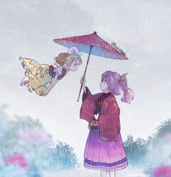  2girls barefoot biyon blonde_hair brown_eyes closed_mouth commentary hair_ribbon holding holding_umbrella japanese_clothes kimono komakusa_sannyo light_brown_hair long_hair long_sleeves multiple_girls oil-paper_umbrella open_mouth ponytail purple_hair purple_skirt rain red_eyes red_kimono red_vest ribbon shirt short_hair short_sleeves skirt smile symbol-only_commentary tamatsukuri_misumaru touhou twitter_username umbrella vest white_shirt wide_sleeves yellow_ribbon yellow_skirt 