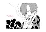  1boy cigarette collared_shirt commentary_request copyright_name fingernails greyscale hair_over_one_eye hand_up heart heart-shaped_pupils highres looking_at_viewer male_focus monochrome nata_kokone one_piece sanji_(one_piece) shirt short_hair smoking symbol-shaped_pupils twitter_username 