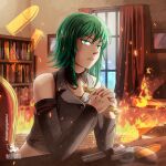  1girl arson bare_shoulders bookshelf braid bullet chair collared_jacket crop_top curtains desk detached_collar detached_sleeves elbow_rest embers evillious_nendaiki green_eyes green_hair grey_jacket grey_sleeves grim_the_end gumi gun holding holding_key indoors interlocked_fingers jacket key looking_at_viewer mario_gagabriel midriff nemesis_no_juukou_(vocaloid) nemesis_sudou own_hands_clasped own_hands_together parted_lips red_nails revolver short_hair side_braid sidelocks sideways_glance solo vessel_of_sin vocaloid weapon window 