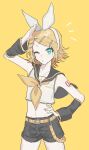  0211nami 1girl ascot belt black_shorts black_sleeves blonde_hair blue_eyes bow cowboy_shot detached_sleeves hair_bow headset kagamine_rin motion_lines navel one_eye_closed pout shorts simple_background solo treble_clef vocaloid white_bow yellow_ascot yellow_background yellow_belt 