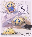  animal animal_focus berry_(pokemon) blue_eyes blush border bug cable cellphone charging_device dated drooling highres holding holding_animal joltik lightning_bolt_symbol oran_berry phone pokemon pokemon_(creature) size_difference sleeping smartphone spider translation_request twitter_username umipokemori white_border wooden_floor 