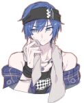  1boy a_m_m_a bare_shoulders blue_eyes blue_hair bracelet closed_mouth commentary_request dark_blue_hair earrings hairband hand_up jewelry kaito_(vocaloid) leo/need_(project_sekai) leo/need_kaito male_focus necklace official_alternate_costume project_sekai short_hair simple_background solo sweat towel towel_around_neck upper_body vocaloid white_background 