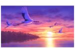  animal bird clouds flock flying gradient_sky hariken highres horizon ocean original purple_sky scenery sky sun sunset tree 