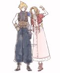  1boy 1girl aerith_gainsborough ancotsubu armor baggy_pants bandaged_arm bandages bangle belt blonde_hair blue_pants blue_shirt blush boots bracelet brown_footwear brown_hair choker closed_eyes cloud_strife cropped_jacket dress final_fantasy final_fantasy_vii final_fantasy_vii_remake flower_choker full_body hand_on_own_hip hand_up highres holding_another&#039;s_arm jacket jewelry leather_belt long_dress long_hair multiple_belts open_mouth pants parted_bangs pink_dress red_jacket shirt short_hair short_sleeves shoulder_armor single_bare_shoulder sketch sleeveless sleeveless_turtleneck smile spiky_hair standing sweatdrop turtleneck white_background 