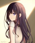  1girl black_hair commentary_request highres inoue_takina long_hair looking_at_viewer lycoris_recoil parted_lips short_sleeves solo twitter_username upper_body violet_eyes yimilyee 