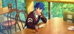  1boy arm_on_table blue_hair chair cup dark_blue_hair drinking_glass drinking_straw elbow_on_table ensemble_stars! hair_between_eyes hand_on_own_neck hand_up happy_elements leaf long_sleeves male_focus official_art open_mouth rouge&amp;ruby_(ensemble_stars!) sazanami_jun short_hair sitting solo table third-party_source upper_body v-neck watch watch window yellow_eyes 