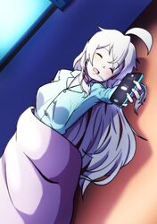  1girl aged_up ahoge blue_shirt cellphone closed_eyes commentary dress_shirt drooling grey_hair highres holding holding_phone indoors long_hair mizuki_(fkps5723) onii-chan_wa_oshimai! open_mouth oyama_mahiro phone saliva shirt sleeping smartphone solo under_covers very_long_hair 