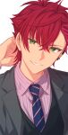  1boy collared_shirt commentary_request diagonal-striped_necktie ear_piercing earrings green_eyes hand_on_own_head hand_up helios_rising_heroes highres jewelry lapels looking_at_viewer male_focus notched_lapels otori_akira partial_commentary piercing redhead sekina shirt short_hair simple_background smile solo stud_earrings teeth upper_body white_background 
